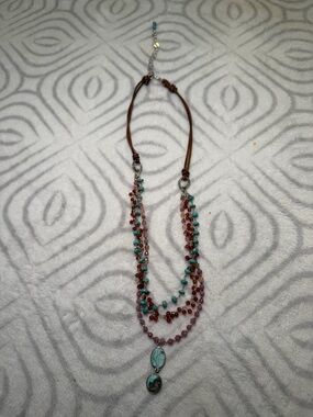 NIB Multi Layered Necklace Turquoise Crystal Bead Leather Fish Hook Closure